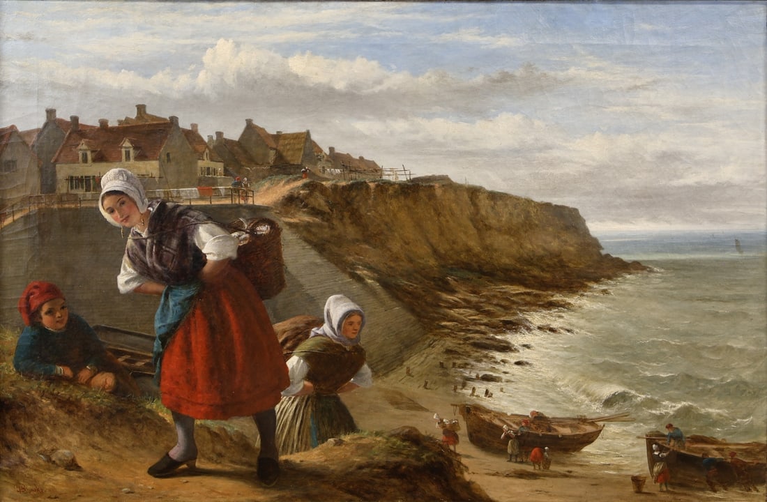 THOMAS BROOKS (ENGLISH, 1818-1891).: 'Carrying the Days Catch'. Oil on canvas. Signed lower left. Provenance: Thomas Agnew and Sons, London and Liverpool. New Rochelle, NY collection. Dimensions: 25" h x 38.25" w. Frame: 36&quo