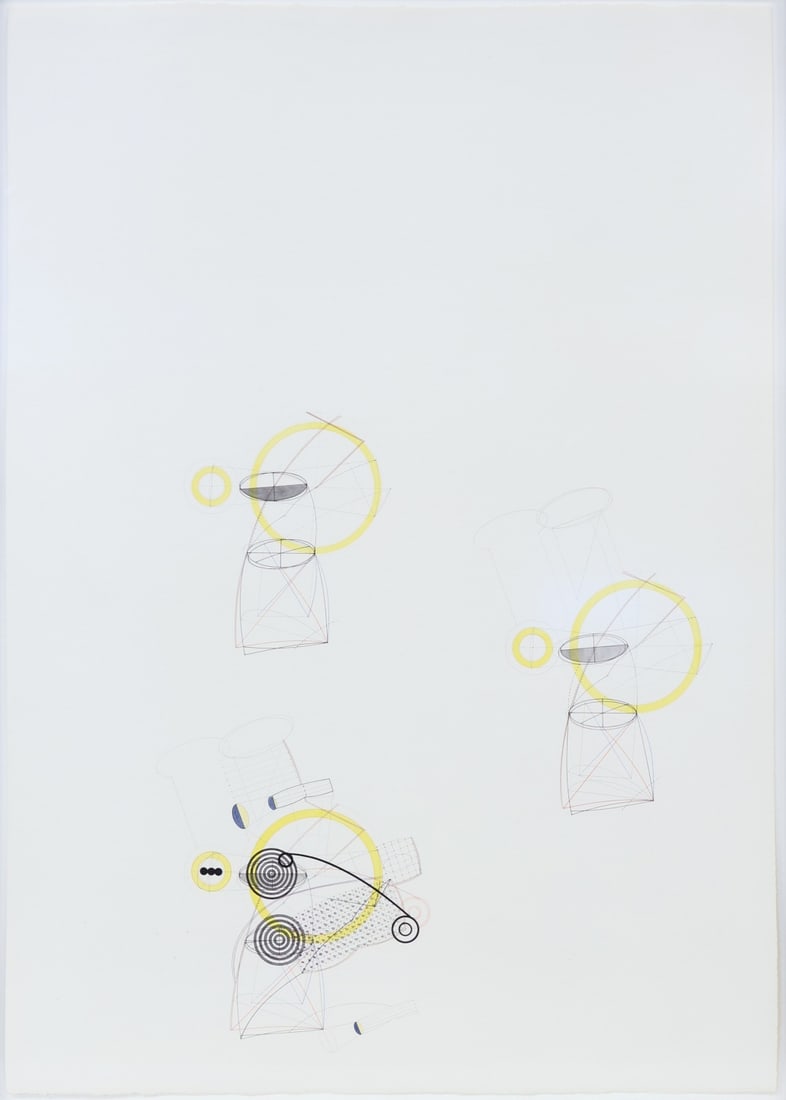 SANG NAM LEE (KOREAN, B. 1953).: 'Abstract Shapes with Yellow'. Mixed media on paper. Property from a Manhattan, NYC, Korean Fine Art Collection. Dimensions: 42" h x 29.5" w. Frame: 46" h x 33" w.