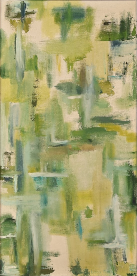 LIBBIE MARK (AMERICAN, 1905-1972).: 'Composition in Green'. 1952. Oil on canvas. Signed and dated lower right. Property from a Manhattan, NY collection. Dimensions: 36" h x 18" w. Frame: 48" h x 28" w.