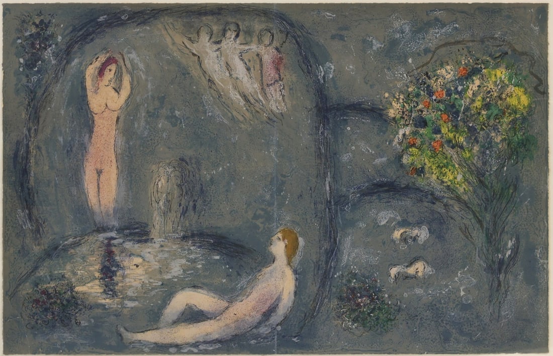 MARC CHAGALL (RUSSIAN/FRENCH, 1887-1985).: 'La Caverne des Nymphes' (The Nymph's Cave, from Daphnis et Chloé). 1961. Lithograph in colors on Arches paper. Property from a NYC collection. Dimensions: Sheet: 16.5" h x 25.25" w.
