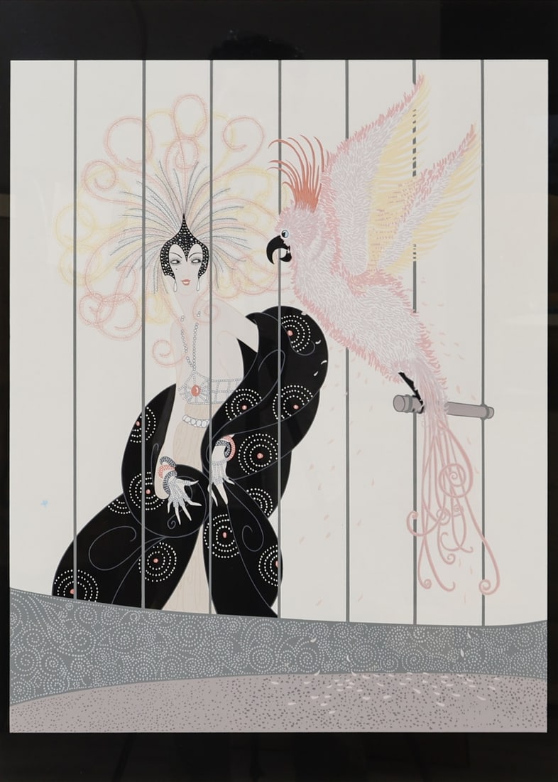 ROMAIN (ERTE) DE TIRTOFF(RUSSIAN/FRENCH1892-1990).: 'The Bird Cage'. Serigraph. Signed and numbered '144/300' lower margins in pencil. Property from a Bridgeport, CT collection. Dimensions: Sight size: 27.75" h x 20" w. Frame: 39.50" x 3