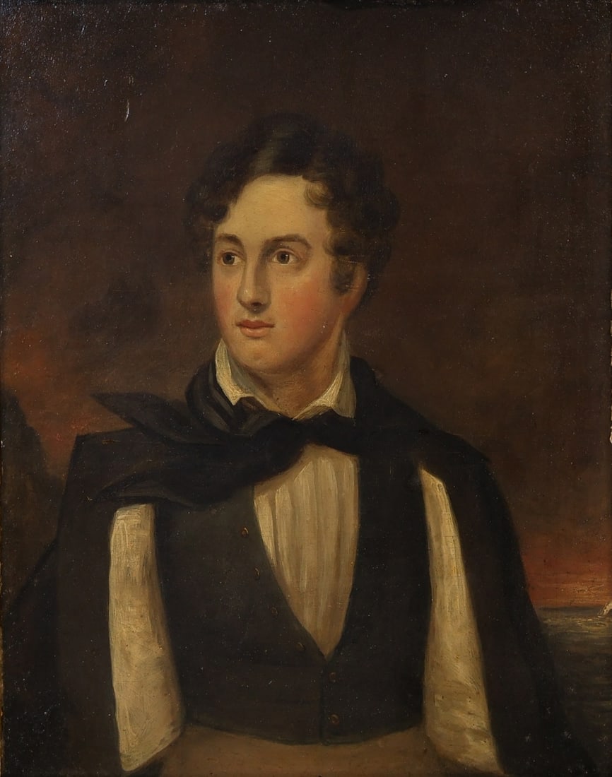 BRITISH SCHOOL (19TH CENTURY).: 'Lord Byron'. Oil on panel. Property from a NYC estate. Dimensions: 12.75" h x 10.25" w. Frame: 18.5" h x 13.25" w.
