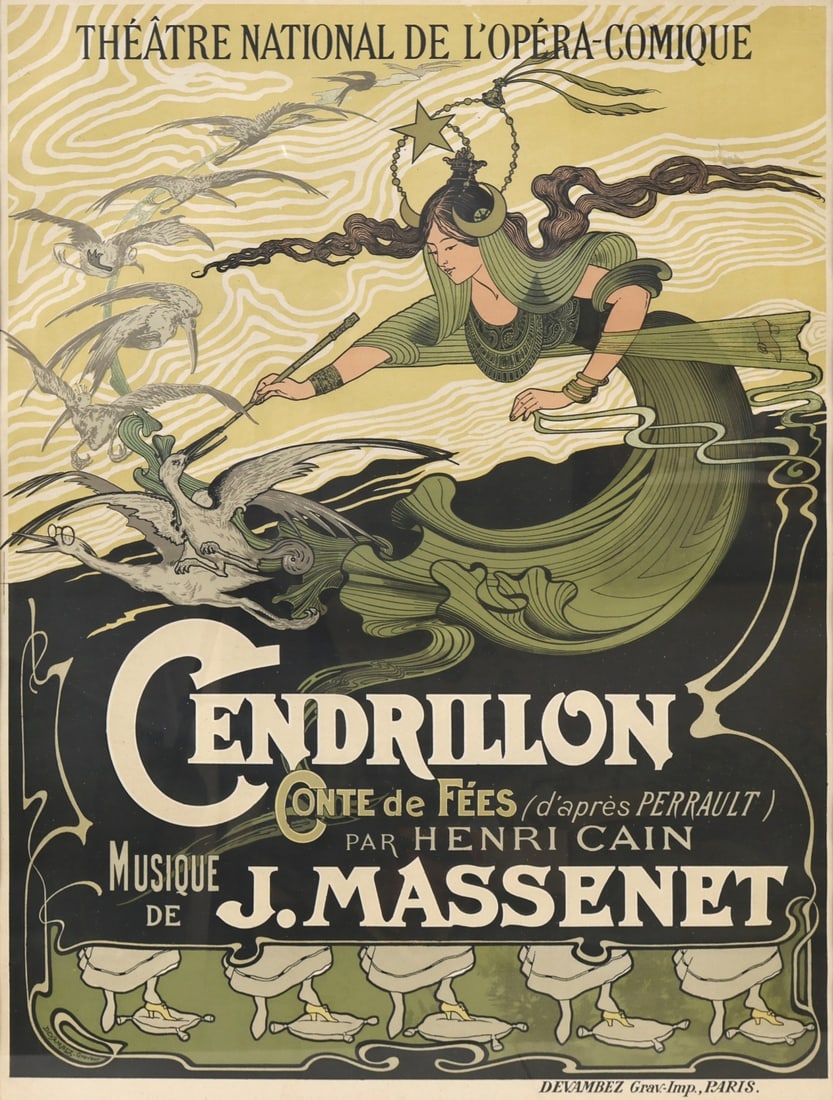 EMILE BERTRAND (FRENCH, 1836-1932).: 'Opera Cendrillon'. Lithographic poster. Property from a Bridgeport, CT collection. Dimensions: Sight size: 31" h x 23"w. Frame: 37.25" h x 29.50" w.