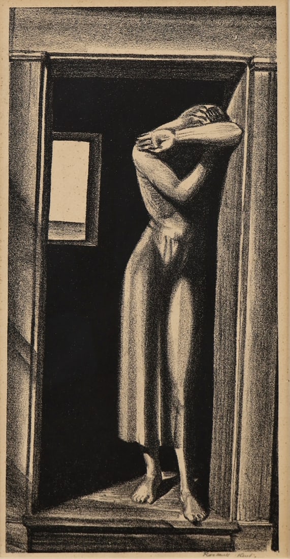 ROCKWELL KENT (AMERICAN, 1882-1971).: 'Foreboding'. 1926. Lithograph. Signed lower right. Property from a NYC collection. Dimensions: Sight: 11" h x 5.75" w. Frame: 19.625" h x 13.625" w.