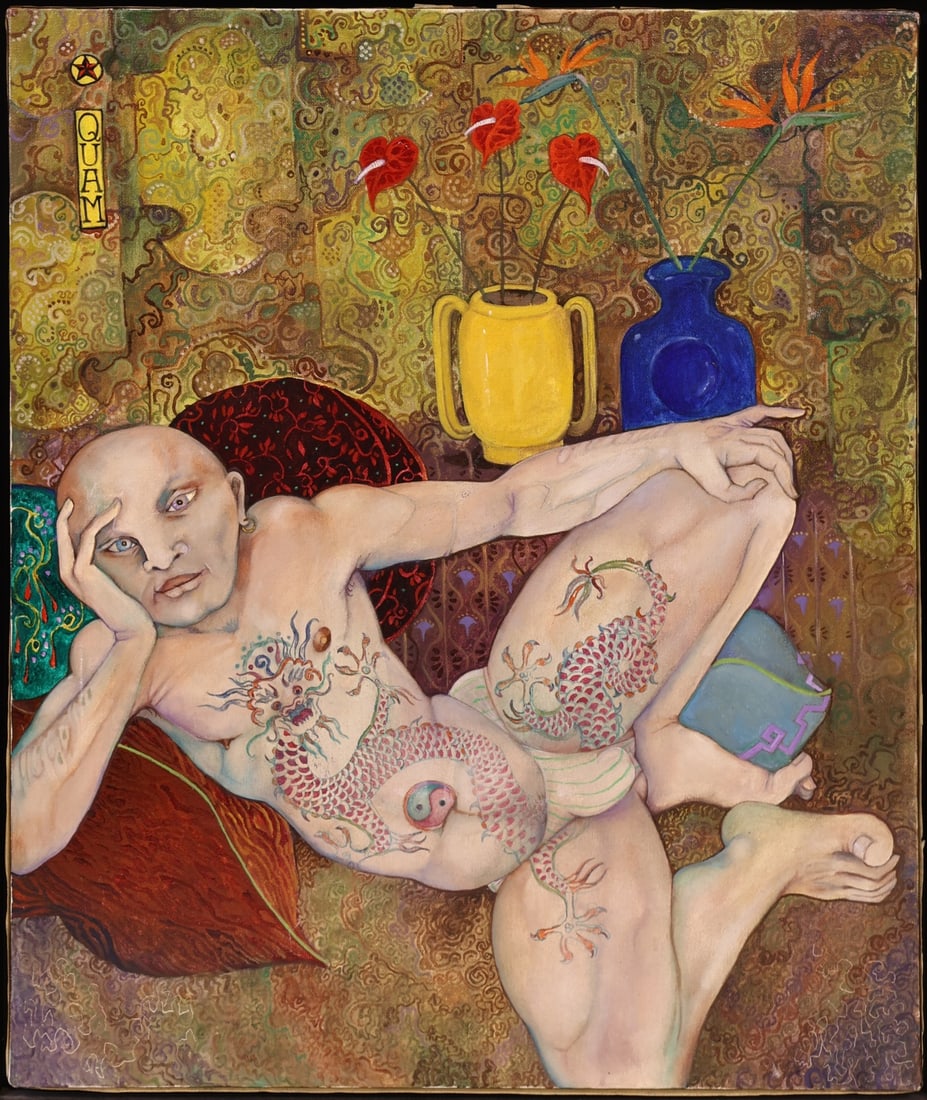 MYLO QUAM (AMERICAN, 1941-1996).: 'Man with Dragon Tattoo'. 1985. Acrylic on canvas. Signed upper left. Verso: Signed, titled, size, date and location on canvas in black ink. Property of a New Hope, PA estate. Provenance: Papillon Gal