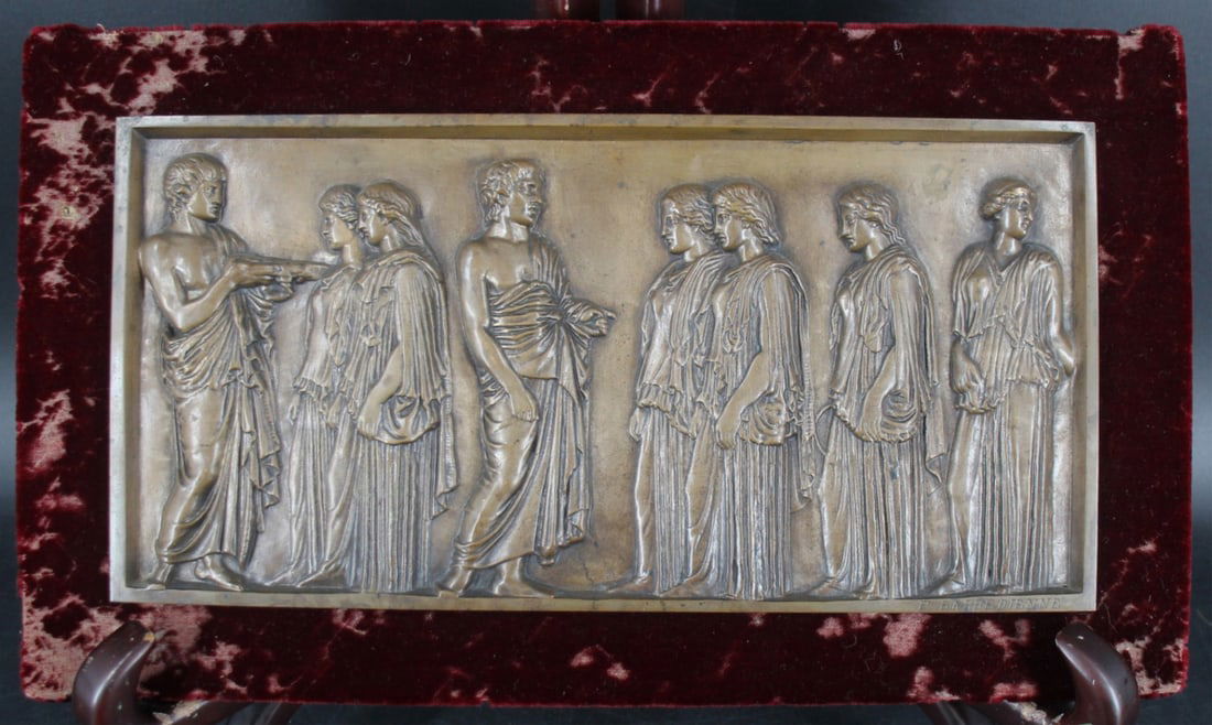 Antique F. Barbedienne Bronze Plaque.: A framed bronze plaque showing 8 figures in relief. Bronze only 13 3/4" x 7 7/8". Signed lower right "F. Barbedienne". From a NY, NY collection. - Dimensions: Overall 16.75" h x 9.