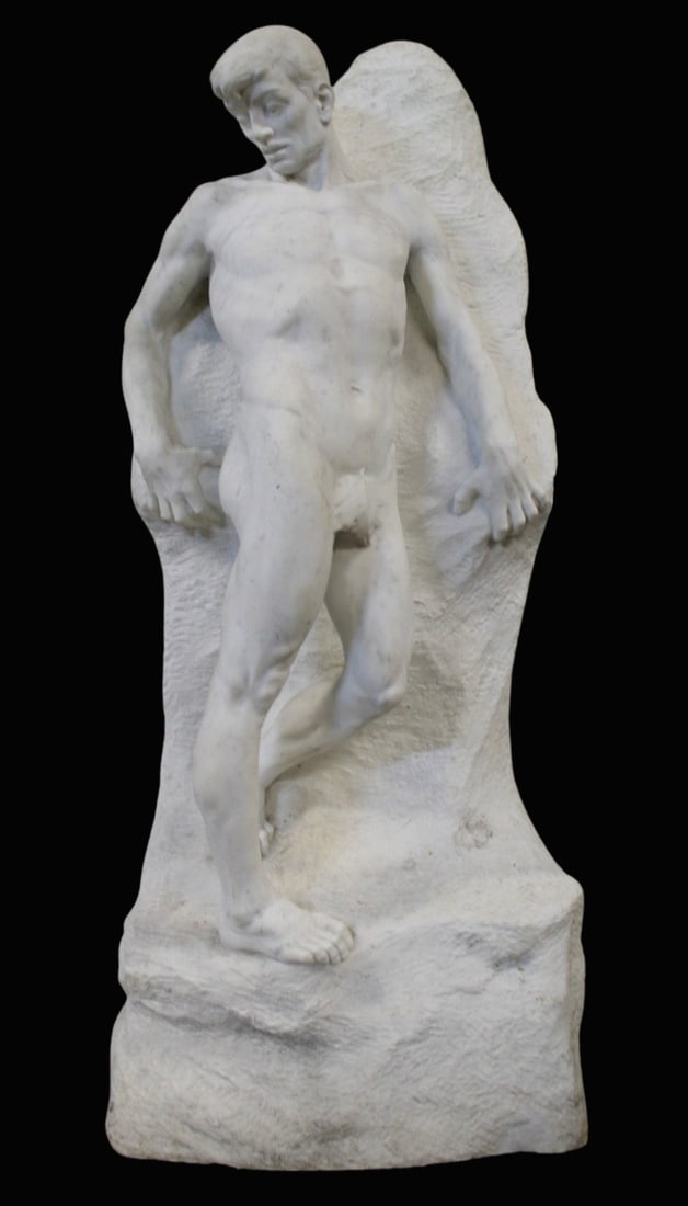 E. GARIBALDI. Signed Male Nude Sculpture.: Large and very well executed sculpture of a male nude figure. Signed E. Garibaldi, Carrara on base. From a Nyack, NY collection. - Dimensions: 49" h x 21" w.