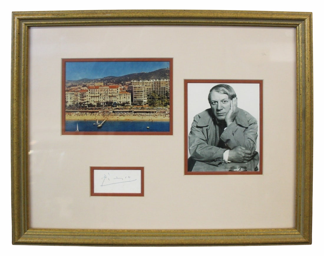 A Framed Postcard Signed Picasso Ex- Rendell: A framed postcard signed by Picasso, in a frame with the obverse of the same postcard, and a photo of the famed artist. With an undated receipt from the Kenneth W. Rendell Gallery, Inc., stating "