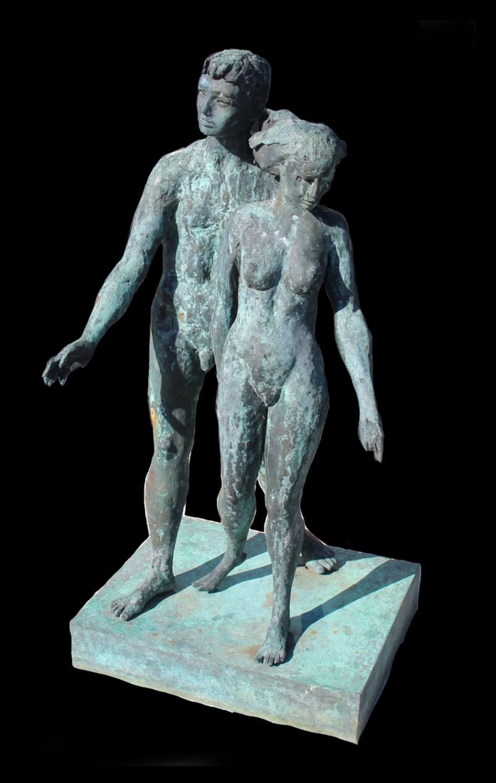 Large Outdoor Modern Nude Bronze T. Weiner: Large sized male and female nude bronze couple on base. Signed on base "T. Weiner". From a Nyack, NY collection. - Dimensions: 34" h x 17" w x 13" d.