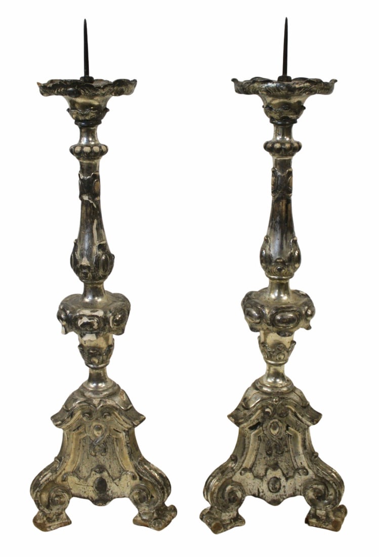 Tall Pair of Antique Carved & Silver Gilt Wood (1 of 11)