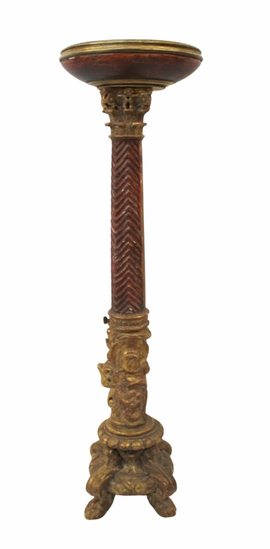 Large Antique Carved, Gilt & Paint Decorated: Torchiere. Good age, well carved, and tall torchiere. From a Brooklyn, NY estate. - Dimensions: 65" h x 20" w.