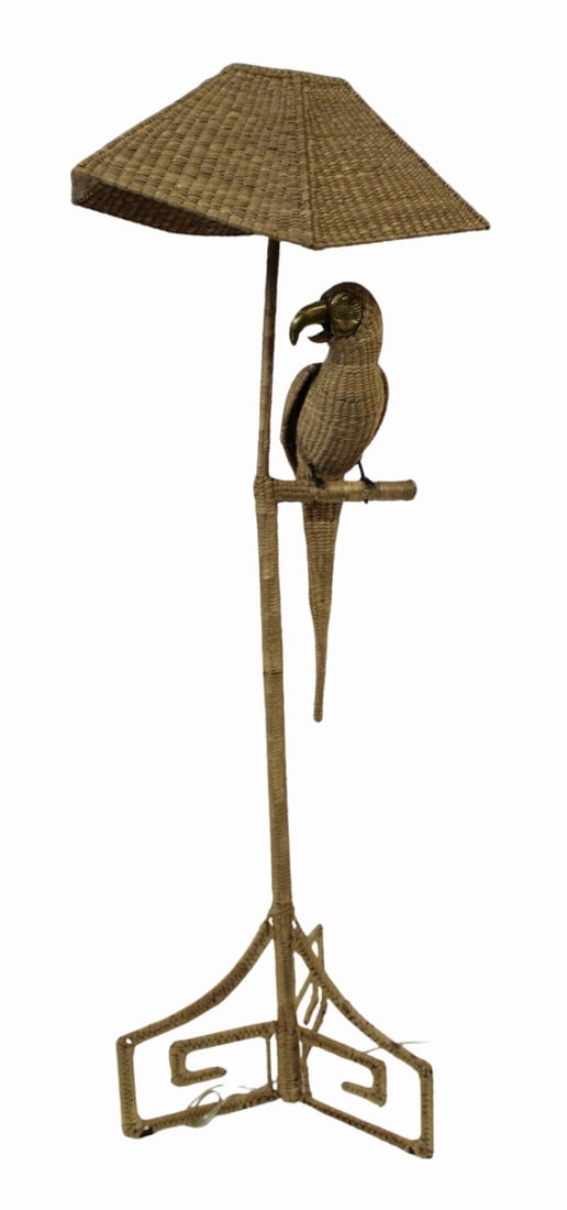 Mario Lopez Torres Wicker Parrot Floor Lamp.: A great lamp in wicker and the Parrot with gilt metal beak and face. From a New Rochelle, NY estate. - Dimensions: 70" h x 21" w.
