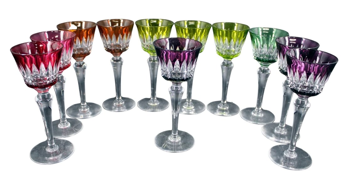 BACCARAT Set Of 11 Colored Cut Glasses.: From a Scarsdale, NY estate. - Dimensions: 8" h.