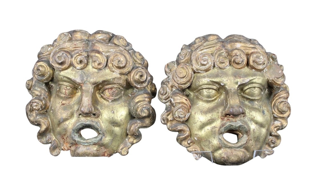 2 Antique & Finely Carved Giltwood Medusa Heads: Good age, well carved and nice patina. From a Scarsdale, NY estate. - Dimensions: 9.5" dia x 4" deep.