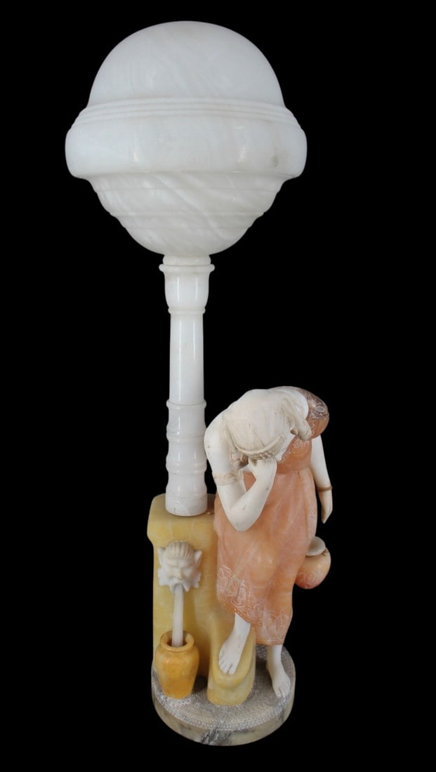 Colored Alabaster Lamp of a Woman by a Fountain. (1 of 7)