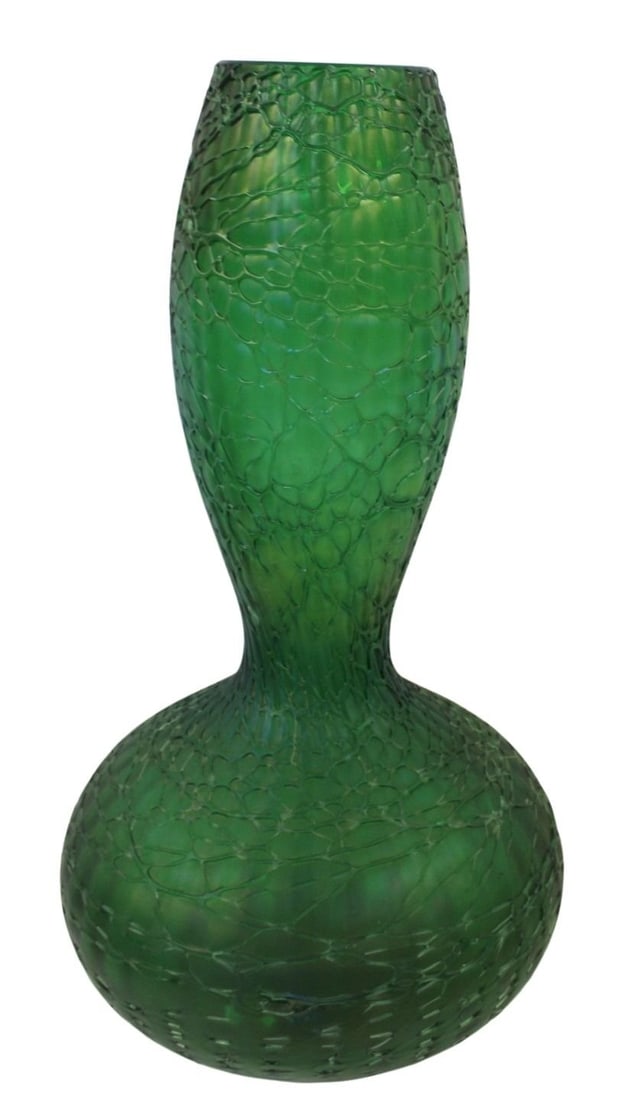 Large Loetz (?) Crete Chine Green Glass Vase (1 of 4)