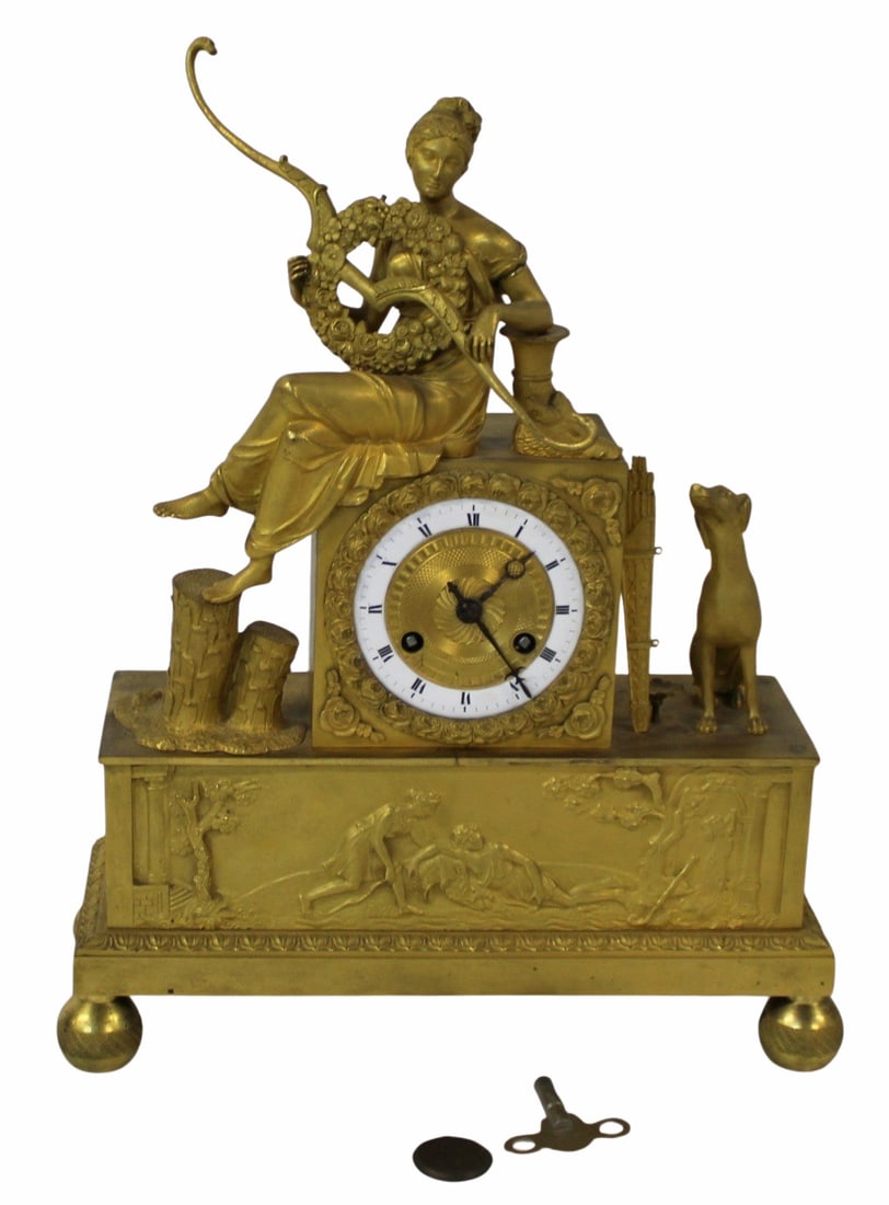 Antique Gilt Bronze Figural Clock: Fine clock with nice original gilt patina. Marked B*P on movement. From a Bronxville, NY estate. - Dimensions: 13.5" h x 12" w x 9" d.