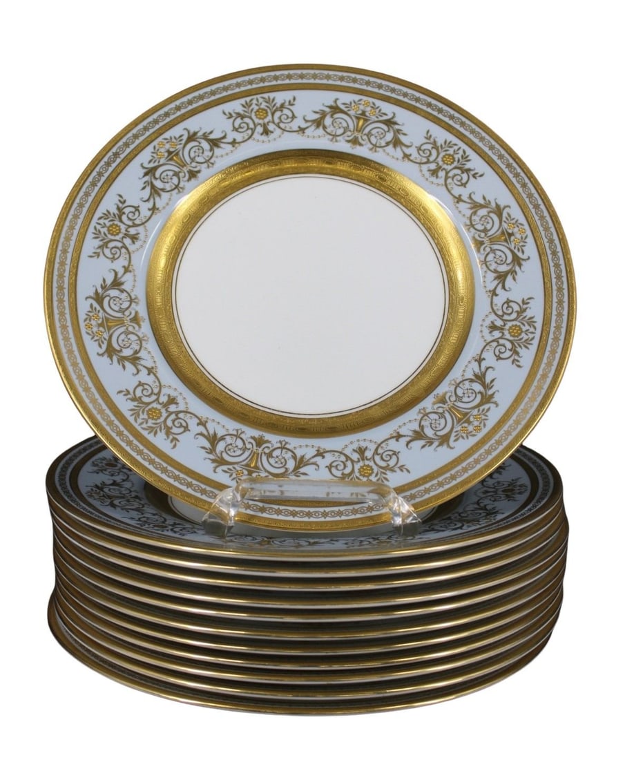 MINTON Set Of 12 Bone China Plates.: Minton blue & raised gold "Argyle" pattern. From a Long Island, NY estate. - Dimensions: 10.5" dia.