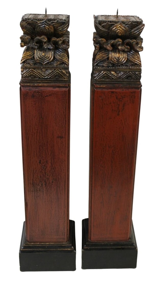 Vintage Pair Of Carved, Paint & Gilt Decorated: Asian Style Candle Holders. From a Central Park South, NYC estate. - Dimensions: 29" h x 7" w x 7" d.