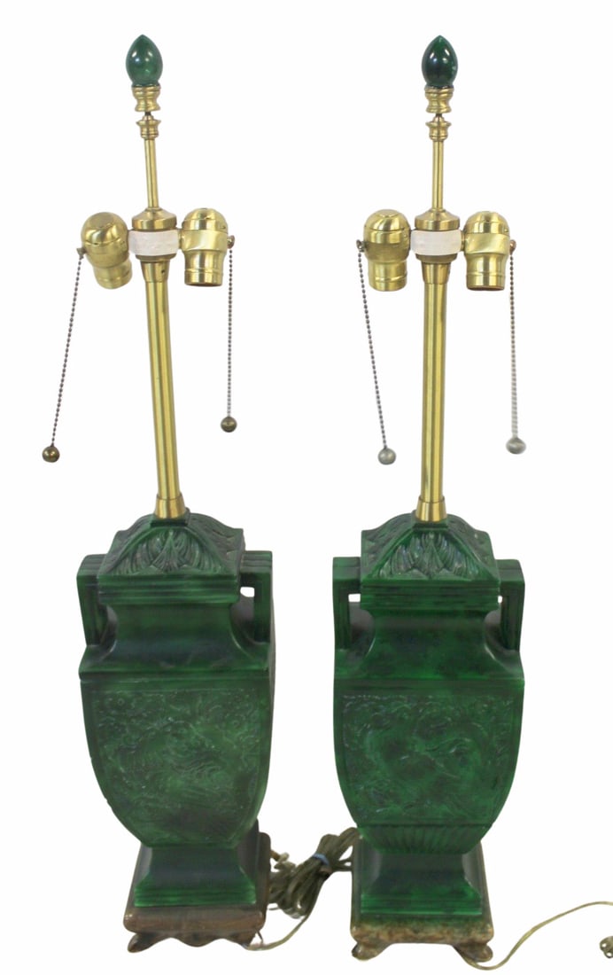 Marlboro Lamp Co Pai of Malachite Style Lamps.: Heavy quality and well carved in an Asian modern style. From a Forest Hills, NY estate. - Dimensions: urn 17" finial 32"