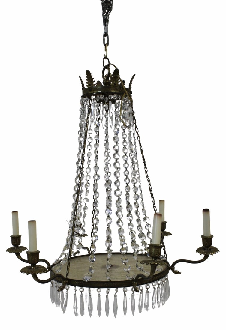 Antique Gilt Metal & Glass 6 Arm Chandelier.: From a Westchester, NY estate. - Dimensions: 30"x26"