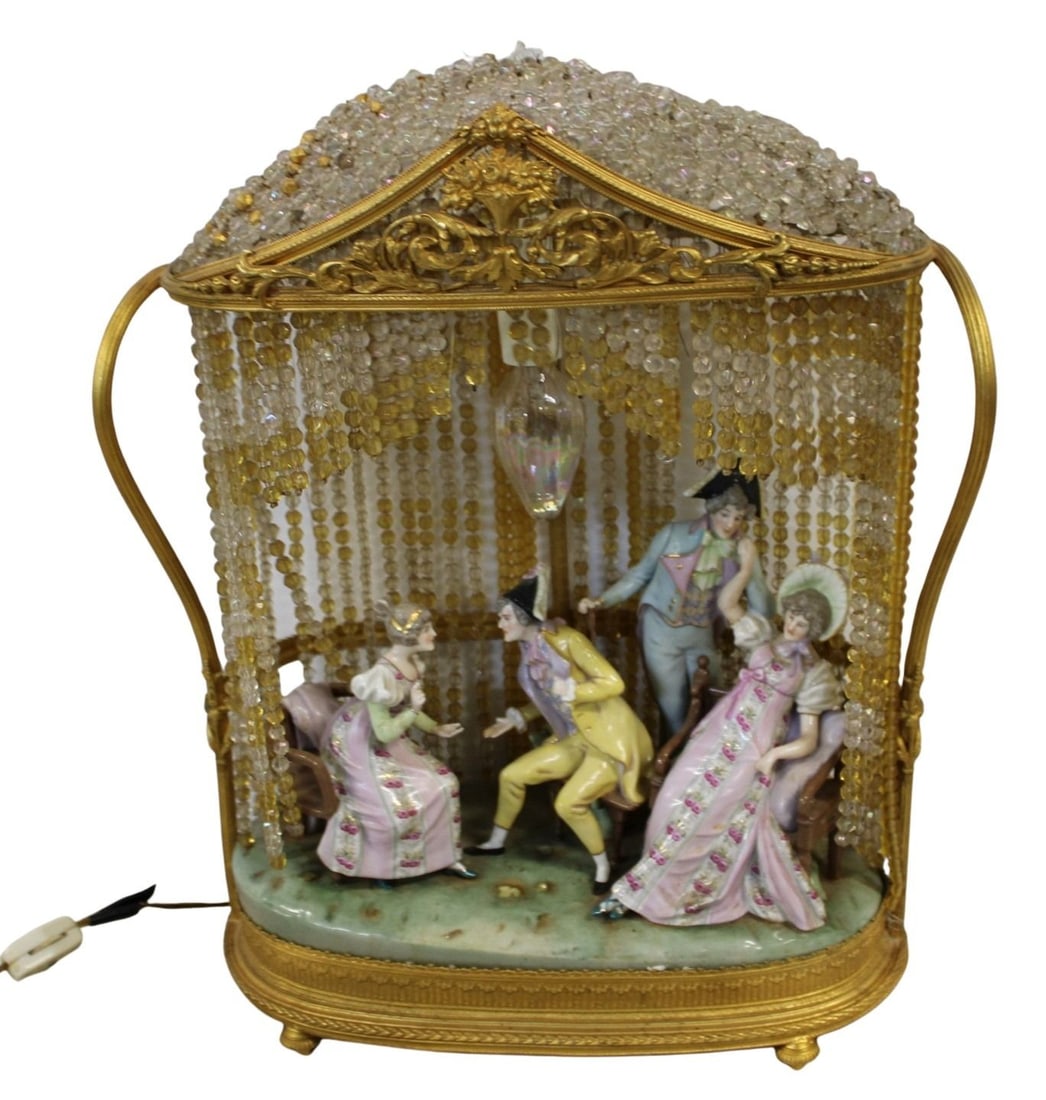 Vintage Gilt Metal & Beaded Porcelain Grouping: made into a Lamp. From a Queens, NY state. - Dimensions: 14" h x 12" w x 5" d.