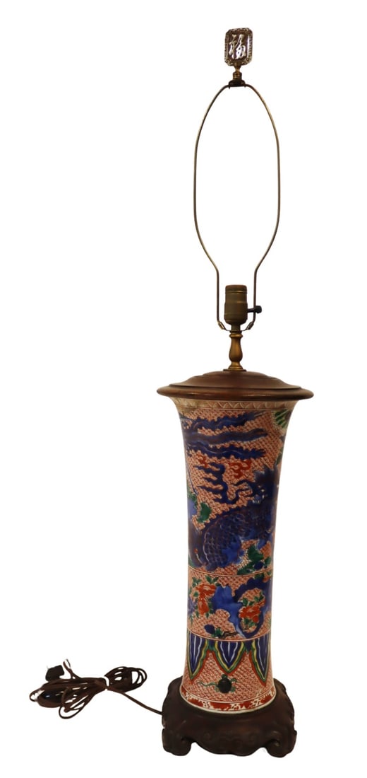 Chinese Enamel Decorated Gu Form Vase as a Lamp. (1 of 16)