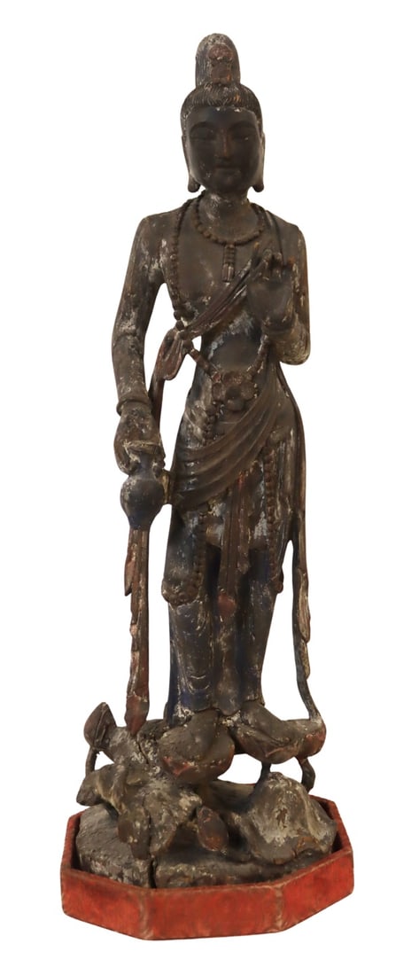 Southeast Asian Carved and Paint Decorated Buddha.: Southeast Asian carved and paint decorated standing figure of Buddha with staff. From a Manhattan, NY estate. Dimensions: carved Buddha measures approx. 37.75" h.