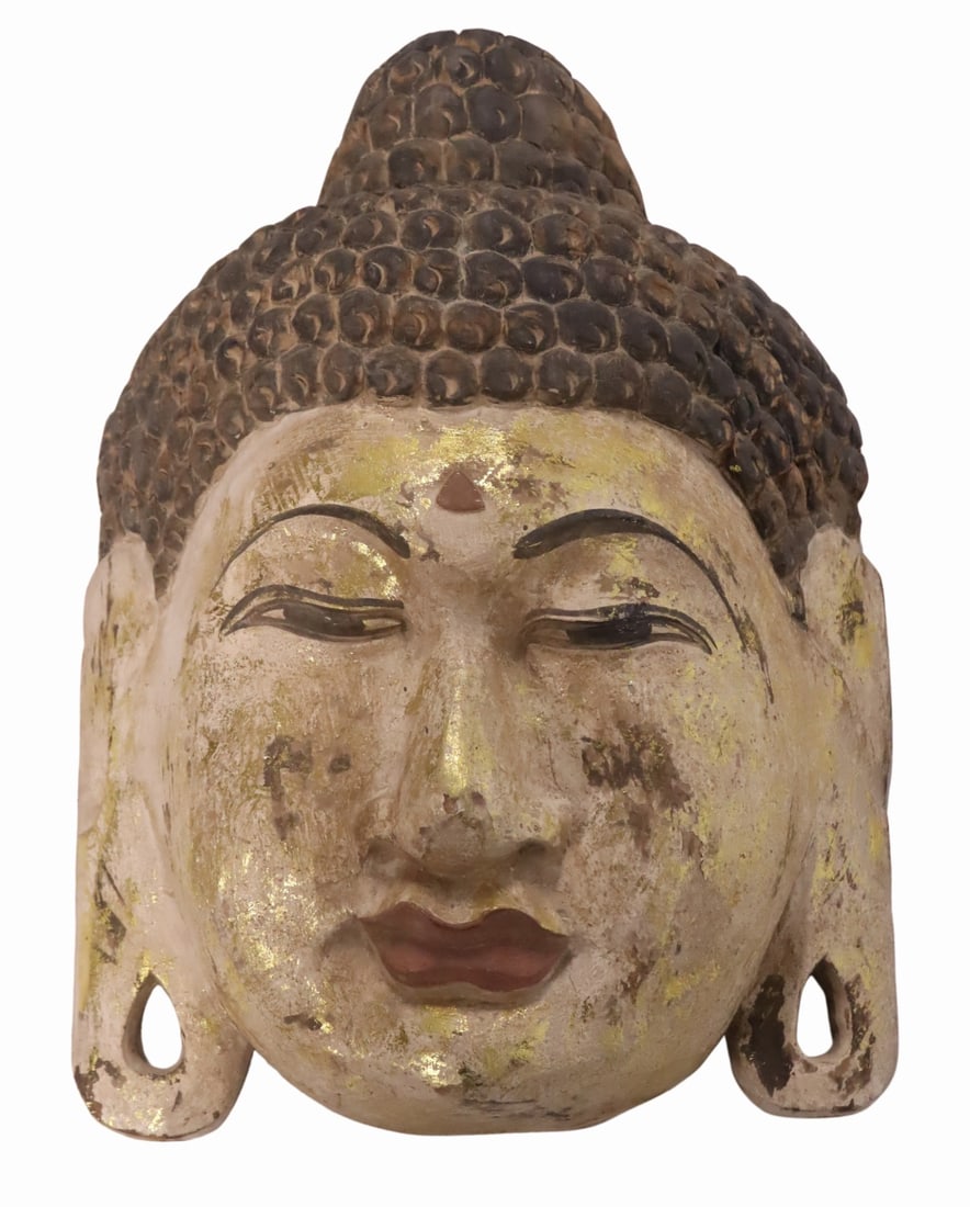 Large Carved Wood and Paint Decorated Buddha Head: From a New Fairfield, CT estate. Dimensions: buddha head measures approx. 14.5" w x 20.25" h.