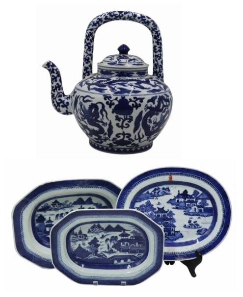 Collection of Chinese Blue and White Inc. Canton.: Includes a Chinese Canton blue and white platter with iron red and gilt decorated lion's head and monogram; (2) Chinese Canton blue and white platters; and a 20th century blue and white teapot. From a