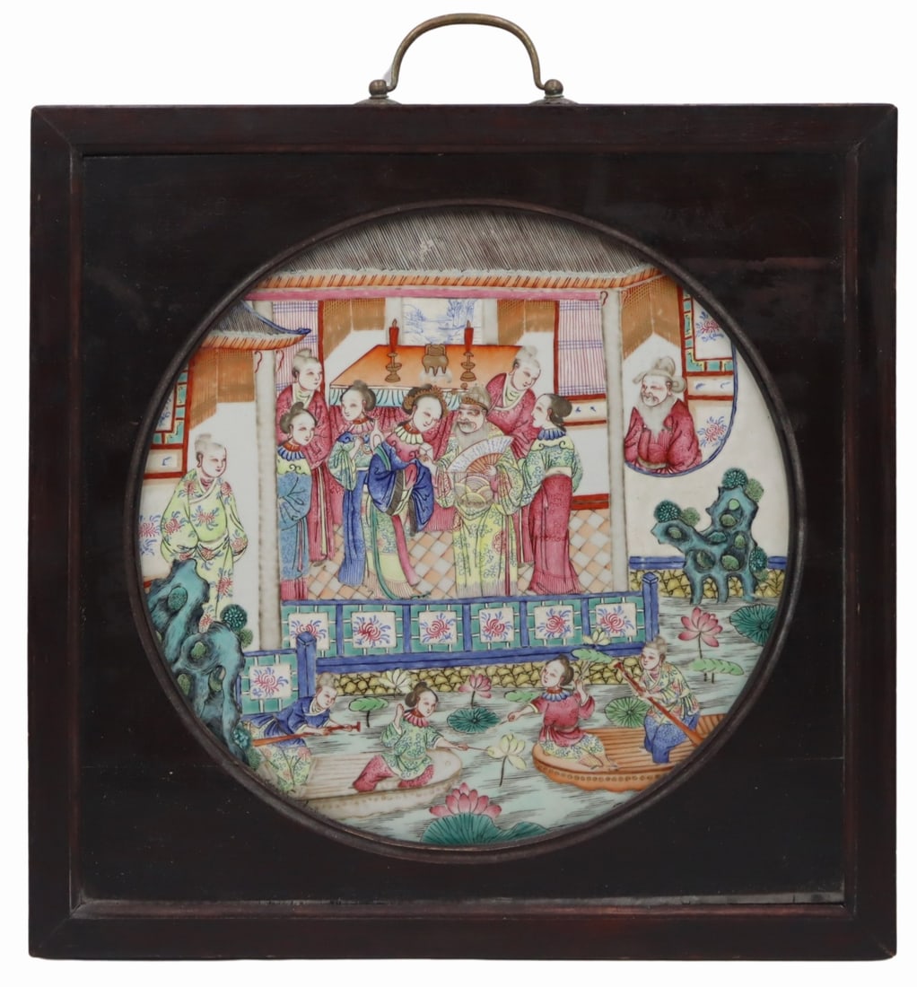 Framed Chinese Famille Rose Porcelain Plaque.: Chinese Famille Rose enamel decorated plaque displaying an interior scene of figures with additional figures in boats in the foreground. From a Cliffside Park, NJ estate. Dimensions: frame measures ap