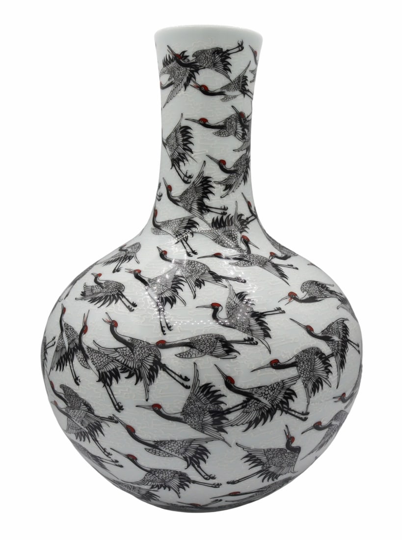 Chinese Enamel Decorated Cranes Vase.: Chinese enamel decorated red-crowned crane vase. With Qianlong mark to the underside. From a Cliffside Park, NJ estate. Dimensions: 12.25" h.