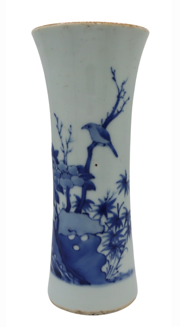 Chinese Blue and White Birds Vase.: Chinese blue and white tapered vase displaying birds in flight and perched upon flowering branches. From a Cliffside Park, NJ estate. Dimensions: vase measures approx. 8.75" h.