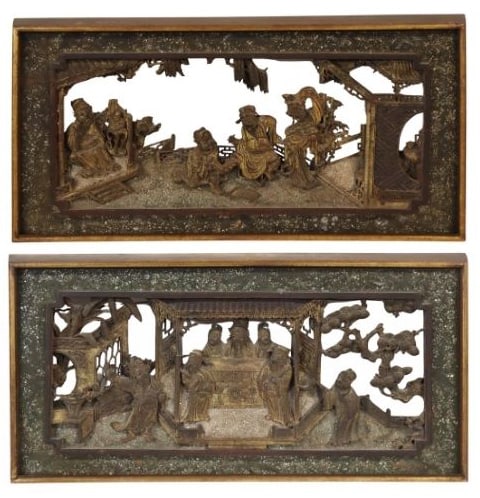 (2) Chinese Carved Wood Panels of Scenes with (1 of 20)