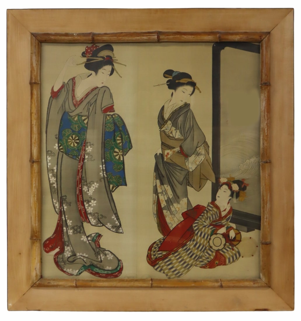 Signed Japanese Woodblock Print of (3) Geishas. (1 of 10)