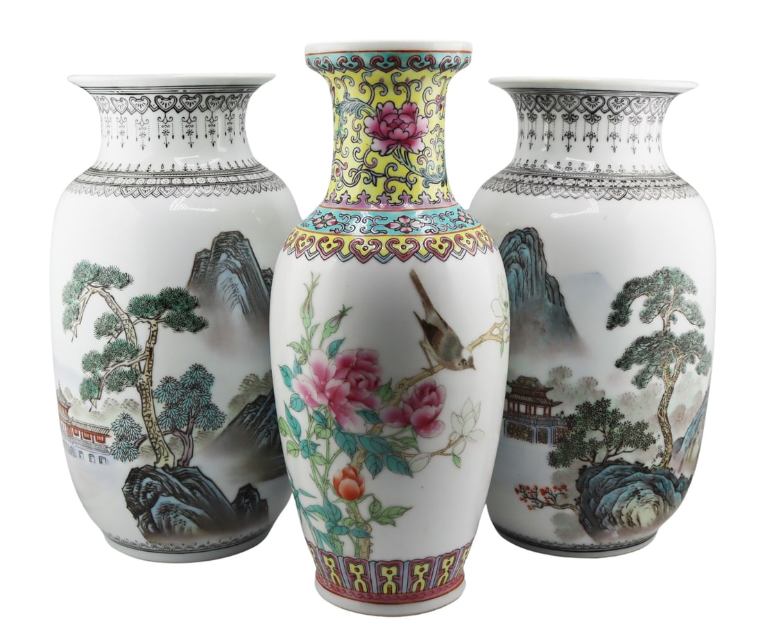 (3) 20th Century Chinese Enamel Decorated Vases. (1 of 15)