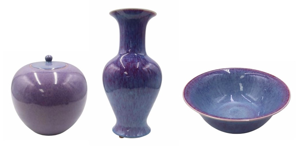 (3) Chinese Purple Flambe Porcelains.: Includes a lidded jar, bowl, and Yen Yen vase. From a Bronxville, NY estate. Dimensions: vase measures approx. 18.5" h.
