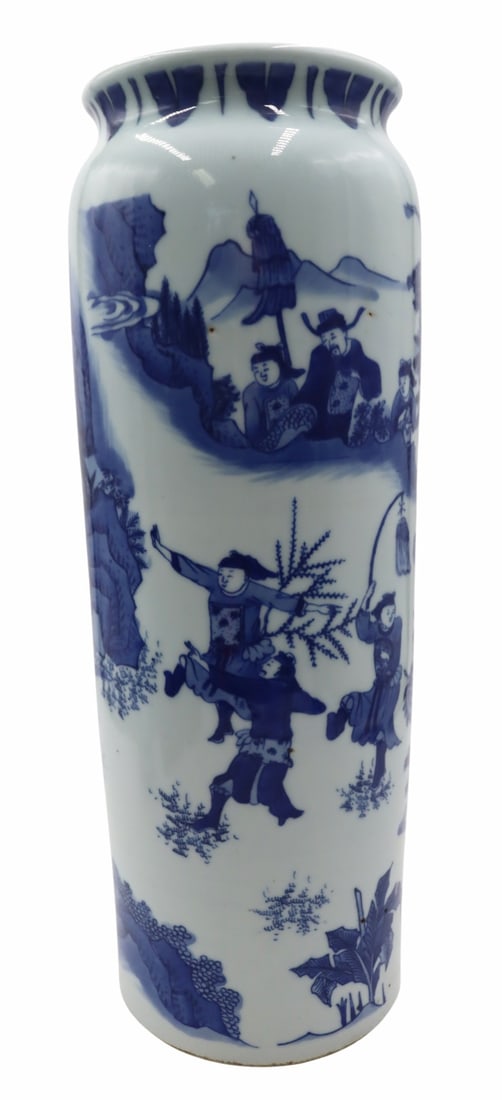 Chinese Blue and White Landscape Sleeve Vase.: Chinese blue and white sleeve vase displaying a landscape with standing figures and a figure on horseback. Possibly Ming dynasty. From a Flushing, NY estate. Dimensions: vase measures approx. 16.875&q