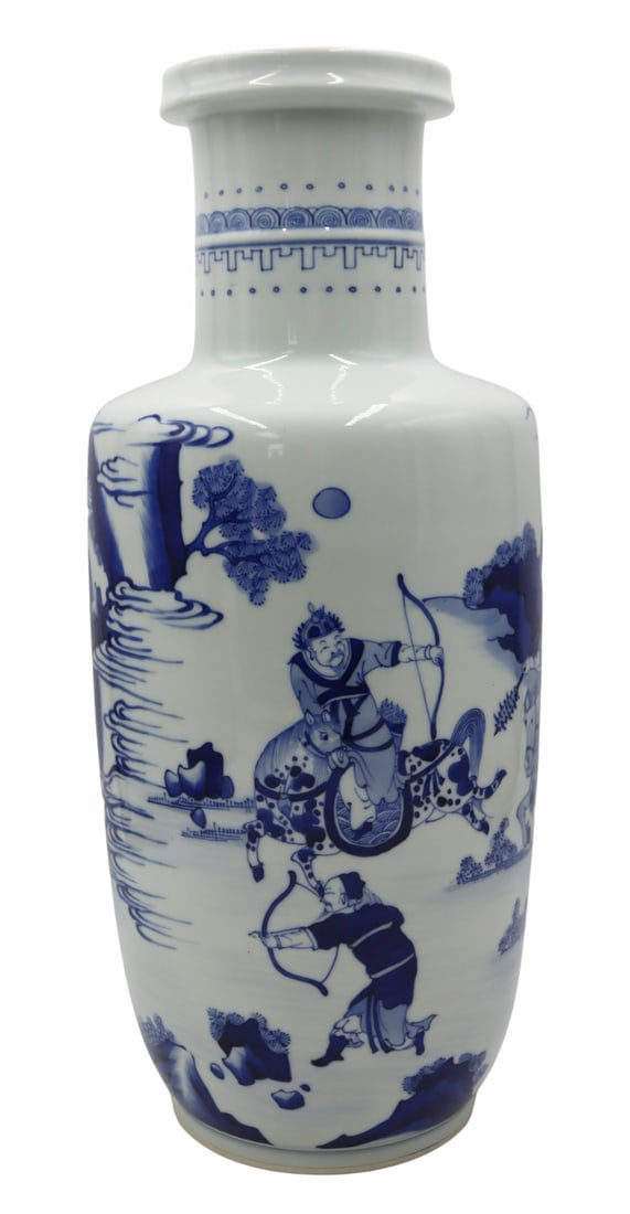 Large Chinese Blue and White Battle Scene Vase.: Underside displays a six character mark set within a double blue ring. From a Cliffside Park, NJ estate. Dimensions: vase measures approx. 17.5" h.