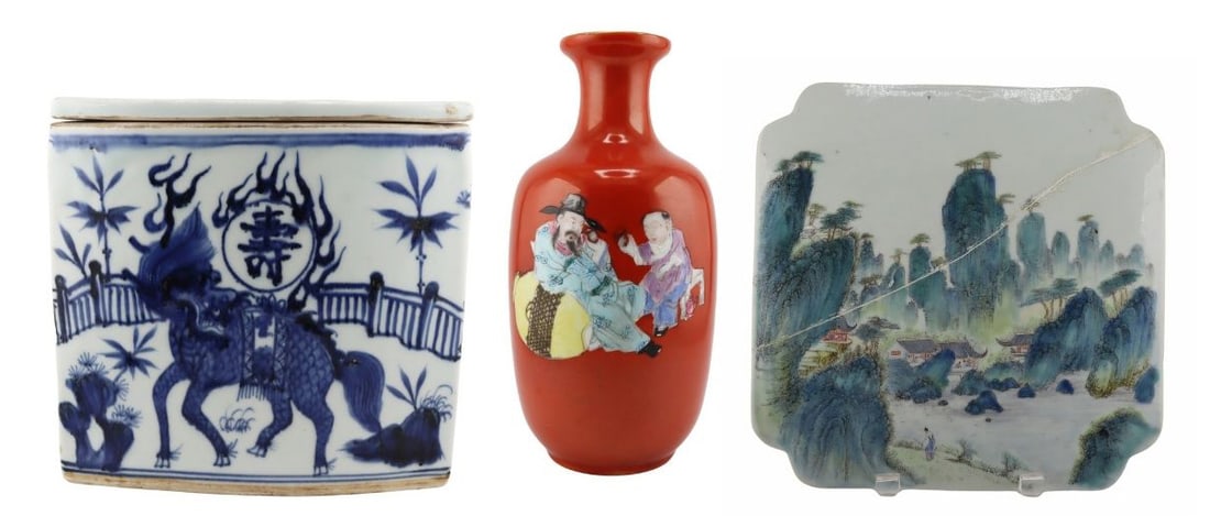 Chinese Porcelains Grouping.: Includes a repaired Chinese quatrefoil form enamel decorated porcelain plaque displaying a landscape scene with village; a Chinese Famille Rose enamel decorated coral ground vase - with mark and wax s