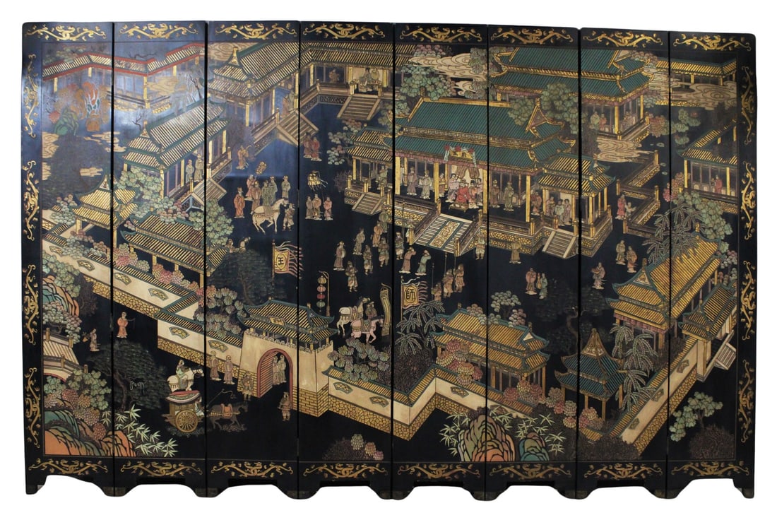 Asian 8-Panel Lacquered Village Scene Floor Screen: From a Jersey City, NJ estate. Dimensions: panels measure approx. 18" w x 94" h.