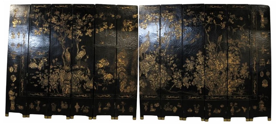Chinese 12-Panel Lacquered Floor Screen with Birds (1 of 10)