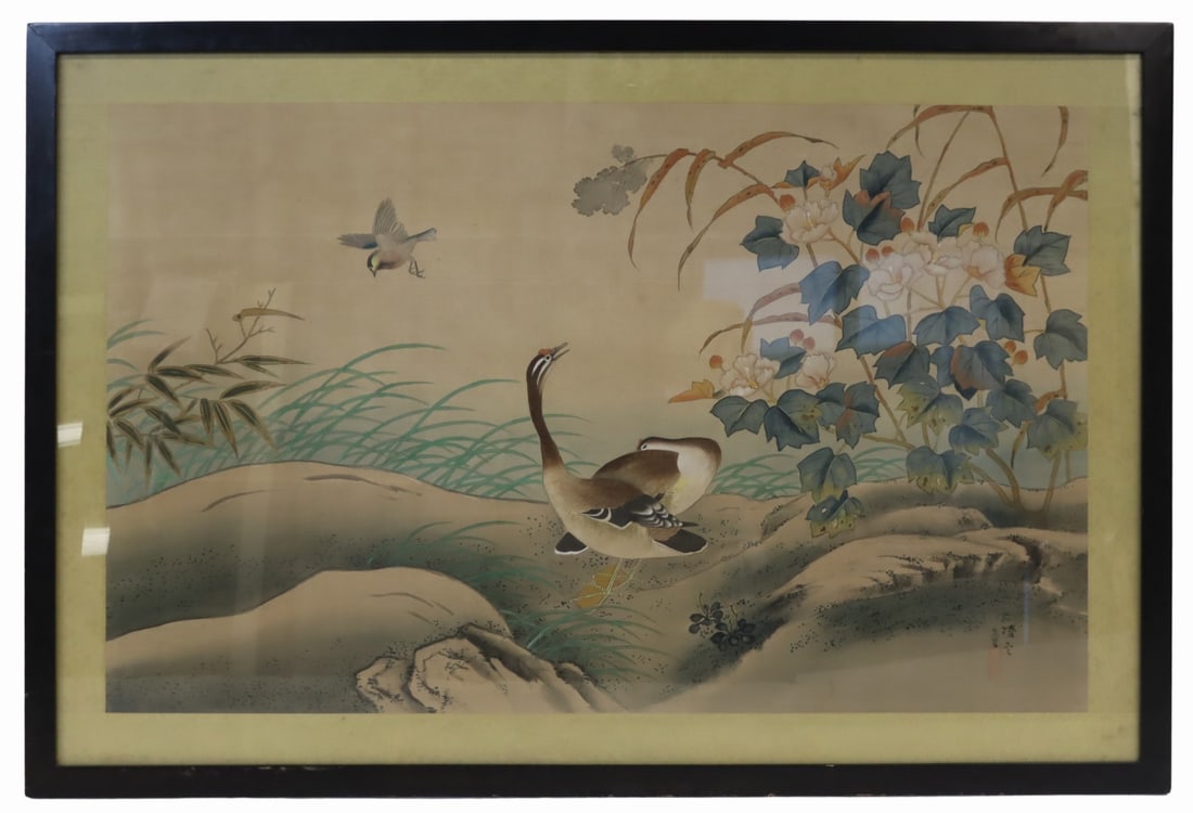 Large Signed Asian Painting of Geese.: Signed lower right. From a Hastings-on-Hudson, NY estate. Dimensions: sight measures approx. 29.5" h x 47.25" w; frame measures approx. 37.75" h x 55.75" w.