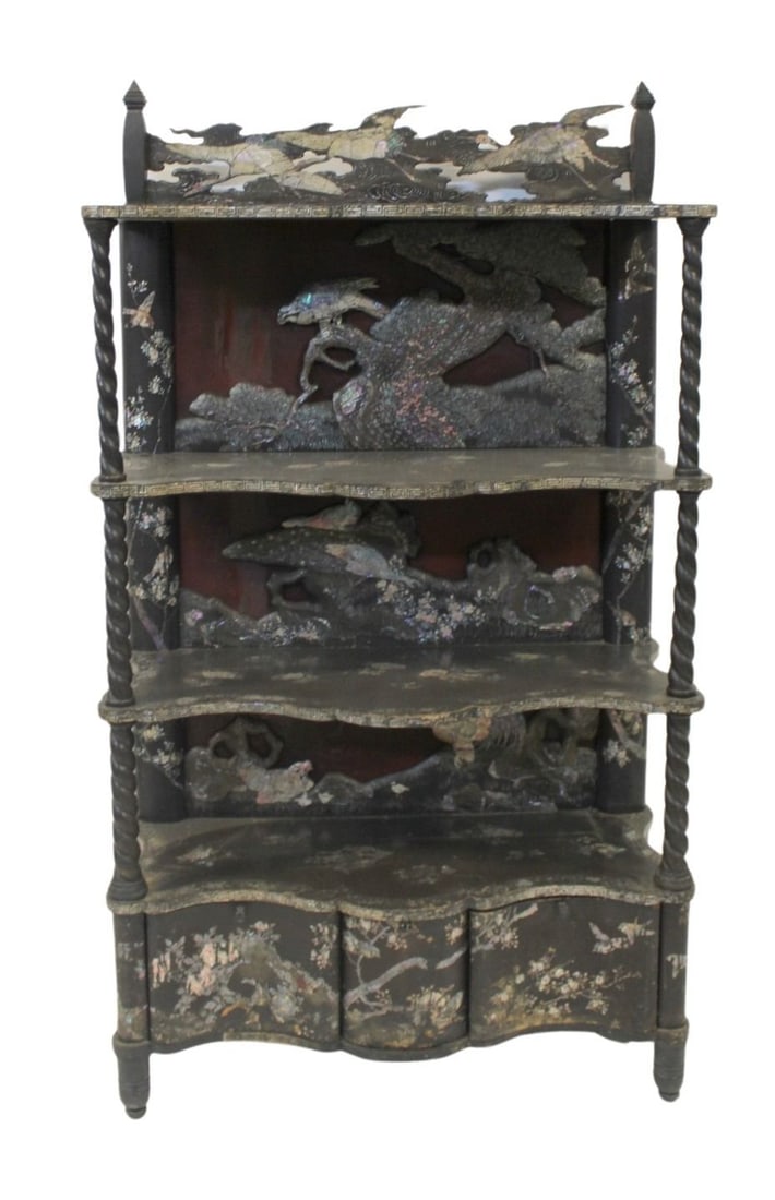 Antique Japanese Mother Of Pearl Inlaid & Carved: Etagere. From an Atlanta estate. - Dimensions: 64" h x 37" w x 15" d.