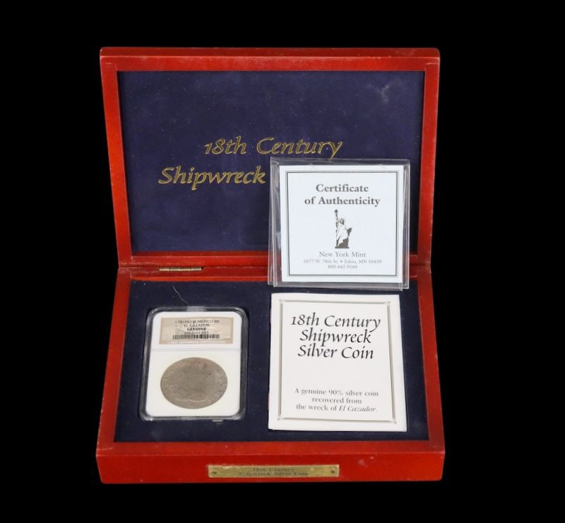 NUMISMATICS. 1781 MO FF Mexico 8R El Cazador NGC: A 1781 MO (Mexico City Mint), FF (Assayers’ Mark Felipe de Fonseca y Ontiveros) 8 Reales silver coin, struck during the reign of King Charles IIII of Spain, recovered from the El Cazador