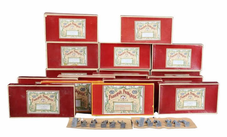 (19) Sets of CBG Mignot French Toy Soldiers.: Group of 19 sets of CBG Mignot French painted metal toy soldiers. The group includes (2) cased Union Army artillery servants sets; (15) cased Confederate Army artillery servants sets; (1) carded