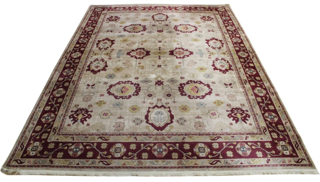 Vintage And Finely Hand Knotted Carpet.: Good large size with bright colors and open field pattern. From a Sleepy Hollow, NY estate. - Dimensions: 13ft 10" x 10ft.