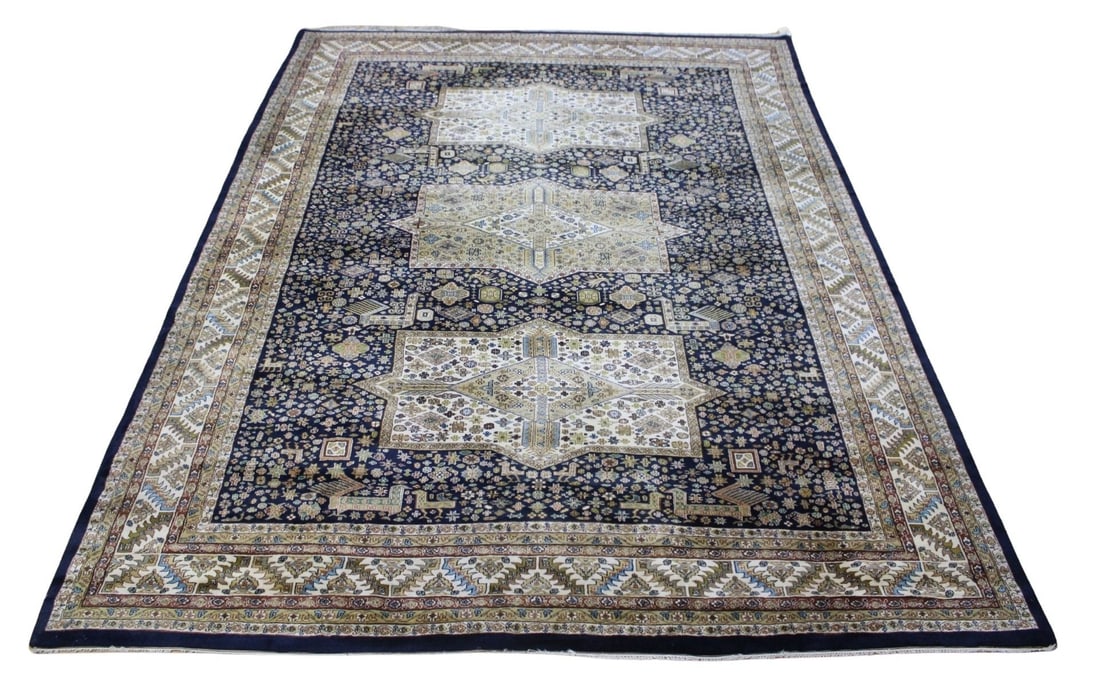 Vintage And Finely Hand Knotted Carpet.: Good large size with multiple medallions and borders and vibrant colors. From a Larchmont, NY estate. - Dimensions: 11ft 4" x 13ft 9".