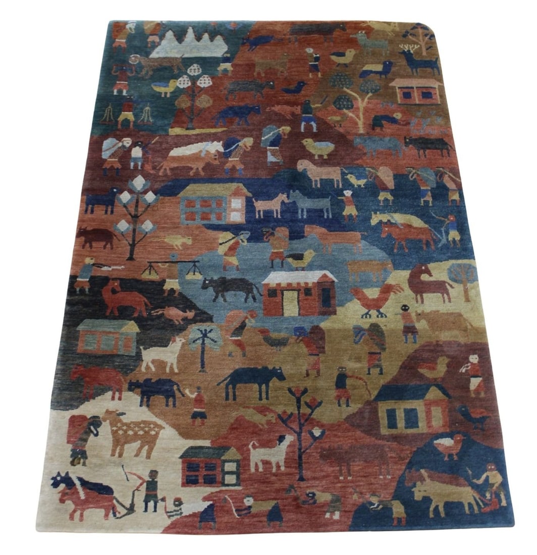 Vintage Hand Knotted Pictorial Rug.: Property from a Bridgeport, CT home. - Dimensions: 6ft x 4ft