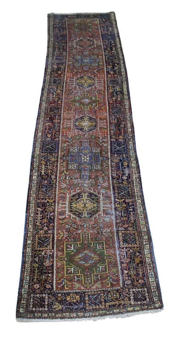 Antique And Finely Hand Knotted Heriz Style Runner: Good age, size and pattern. From a Scarsdale NY estate. - Dimensions: 13ft 3" x 3ft 1"